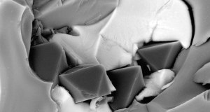 Diamantes desarrollo de profundidad (gris oscuro ) comienzan a formarse a partir de minerales que contienen hierro y magnesio (blanco) y de compuestos de carbono-oxígeno llamadas carbonato (gris claro ) Imagen de un microscopio electrónico de barrido en .